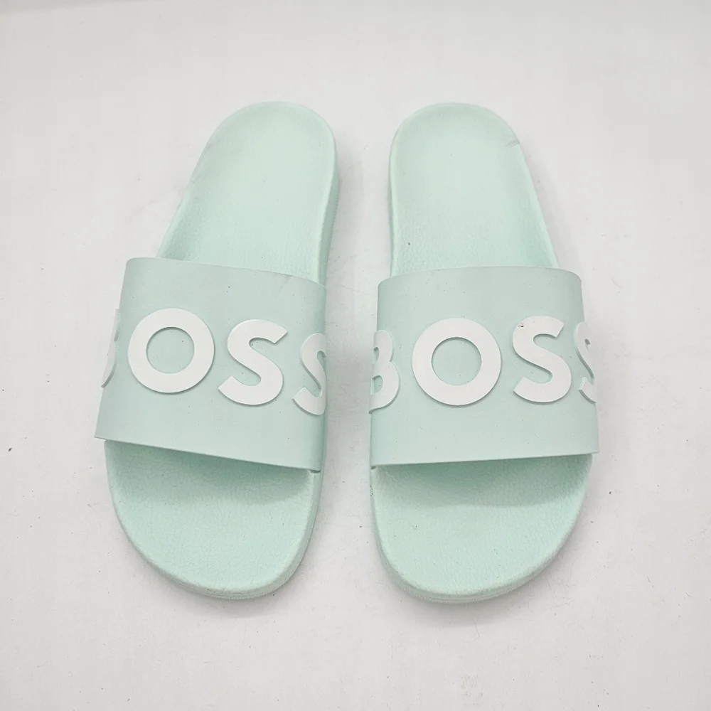 BOSS Bay Logo Slide Sandals Turquoise Aqua Mens EU 44 US 11